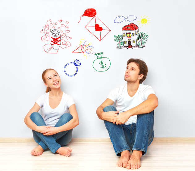 concept. young couple dreaming of new house, child, financial well-being concept. young couple dreaming of new house, child, financial well-being